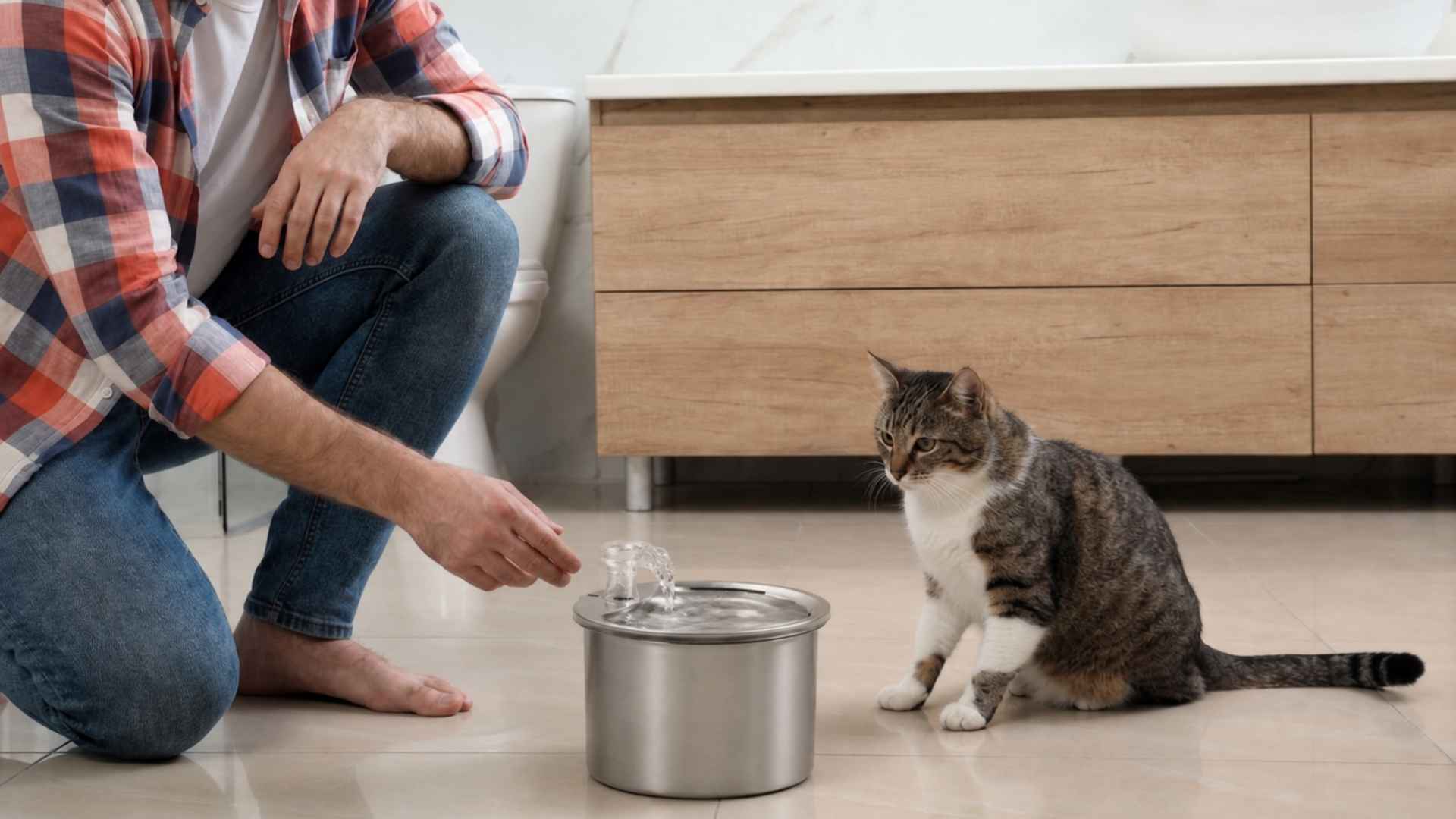 tutor rellena fuente para gatos